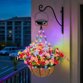GOESWELL Hanging Basket with Artificial Flowers: Outdoor Fake Plants with Solar Lights Decor for Porch Patio Garden Home – Realistic Faux UV Resistant Pink Flower Basket with 2 Light Modes