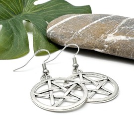 Silver Pentagram Charm Earrings, Spiritual Symbol Circle Charms on Nickel Free Silver Tone Hooks : 45mm long, Pagan Wiccan Pentacle Drop Earrings for Women