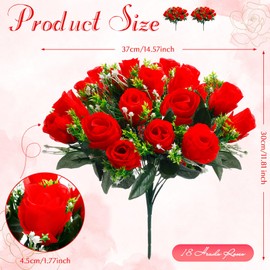 Riceshoot 2 Bouquets Cemetery Flowers 18 Heads Artificial Flowers for Cemetery Silk Grave Faux Roses Arrangements for Headstones Tombstone Decorations Memorial Day Graves Summer(Red)