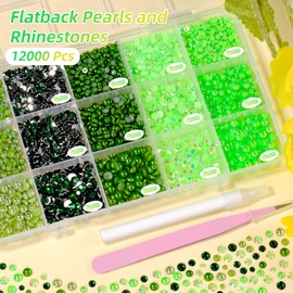 12000 Pcs Green Flatback Pearls and Rhinestones for Crafting, 3-5 mm Jelly Resin Rhinestones, Mixed Size Half Pearl Bedazzling Gems for Nail DIY Crafts Mugs Bottles Tumblers Clothes Makeup