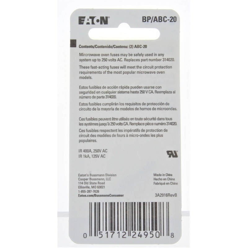 Bussman BP/ABC-20 20 Amp 250 Volt Microwave Oven Fuse 2