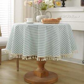 meioro Round Tablecloth Solid Color Tablecloths Tassel Table Cover Cotton Table Cover Multi-Purpose Indoor and Outdoor(Green/White Stripes/White Stripes(Green/White Stripes,Diameter 120cm)