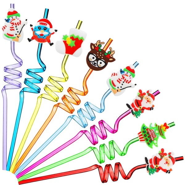 24 Pieces Christmas Drinking Straws with Cartoon Decorations, Christmas Drinking Plastic Straws Reusable, Christmas Party Swirly Straws Beverages Straws for Christmas Birthday Party Favors, 6 Styles