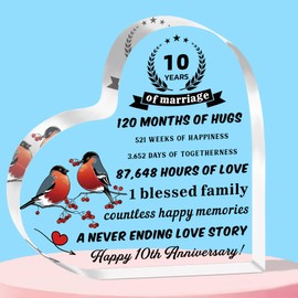 QMVMV 10th Anniversary Acrylic Plaque for Him and Her - 10th Wedding Anniversary Present for Couple - Unique Heart-Shaped Acrylic Plaque for 10 Anniversary