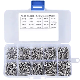 Samcos Countersunk Head Machine Screw Set with Cross Hole, M3 Stainless Steel Screws, 180 Pieces, Hex Nuts, 160 Pieces, Corrosion Resistant, High Strength, For Precision Equipment, Construction Work, 340 Piece Set (Storage Case Included)