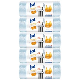 ja! 150 Trash Bags with Carry Handle, 25 Litres, 30 per Roll, Tear Resistant Bottom Seam, Transparent, 5 Rolls