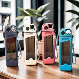 A square water bottle, 12 ounces (350 ml), with a straw, made of leak-proof PVC plastic, easy to carry, suitable for outdoor sports and travel activities:_Deep blue