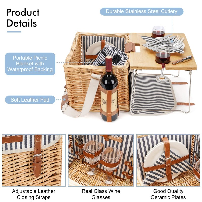 Wicker Picnic Basket for 2 with Detachable Table, Elasticated Wine