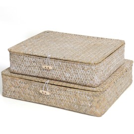 Moosky Flat Wicker Shelf Baskets with Lid, Seagrass Woven Basket Boxes for Storage Basket Bins Multipurpose Home Decor Organizer (Whitewash Set of 2)