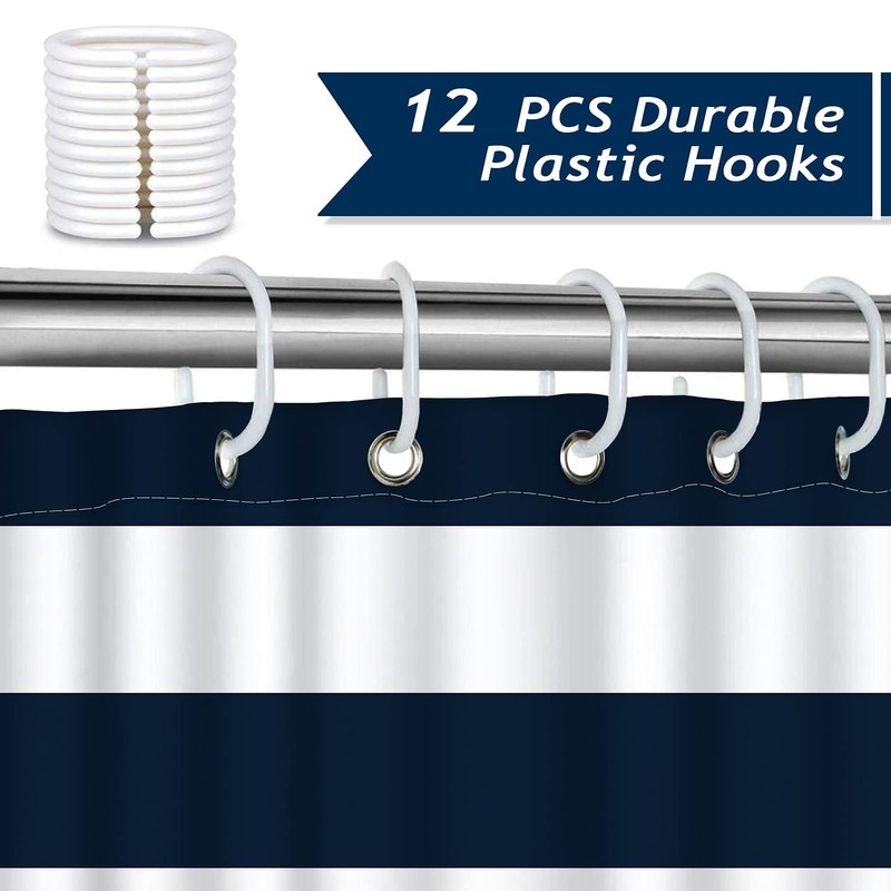 Bonhause Nautical Stripe Shower Curtain, Navy Blue Anchor Bathroom Curtain