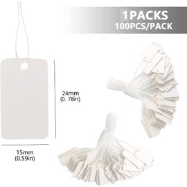 FAMIDIQGO Pack of 100 White Price Tags, Gift Tags, Price Labels, Jewellery Display Labels, Writeable Paper Price Tags, Hanging Labels with String for Flea Market, Jewellery, Clothes