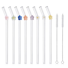 Glass Straws Reusable Cute Colorful Flower Glass Straw with 2 Cleaning Brushes for Smoothies, Milkshakes, Juices, Tea, Shatterproof, Dishwasher Safe, Pack of 8
