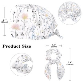 Scrub Caps Women, Floral Flower Leaf Seamless Pattern, Tie Back Surgical Cap with Hair Scrunchy Blue White