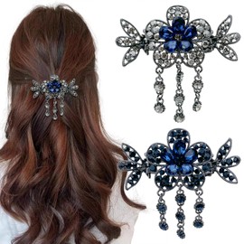 2PCS Blue Vintage Flower Jewelry Design Hairpin,Tassel Water Drop Rhinestone Flower Hair Clips Hair Barrette, for Women and Girls French Style Hair clips Hair Accessories