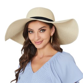 Naivlizer Women Wide Brim Sun Hat UPF50 Straw Summer Hat Floppy Beach Hat Roll-Up,Tie Beige