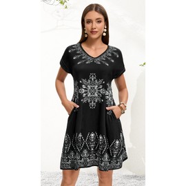 elescat Summer Dresses for Women V Neck Short Sleeve Flowy Tshirt Dress Casual Loose Sundress with Pockets(Black Bohemian, M)