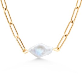 Gem Stone King Shell Pearl Paperclip Link Chain Yellow Gold Plated Stainless Steel Pendant Necklace for Women (Pearl: 14X9MM and Chain: 18 Inch = 16 + 2 Inch Length)