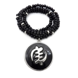 NYFASHION101 Adinkra Symbol Gye Nyame Medallion with 6mm 30" Black Wood Bead Necklace, Silver-Tone