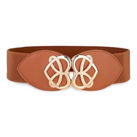BlackButterfly Wide Elastic Cinch Stretch Waistband Retro Gold Heart Buckle Waist Belt (Light Brown, L)