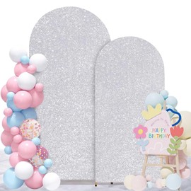 2 Set Sequin Arch Backdrop Covers Silver Arch Cover 6FT, 7.2FT Round Top Chiara Backdrop Cover for Bridal Shower Ceremony Party Decor