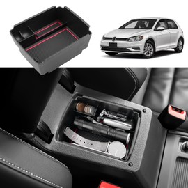 Coleya Centre Console Storage Box Compatible with VW Golf 7 7.5 2013-2019, Golf 7 Accessories Armrest Organiser, Golf 7.5 Centre Armrest Glove Box with Non-Slip Mat (Red)