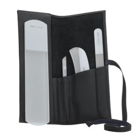 4pcs Manicure Set Genuine Czech Crystal Gray Glass Nail File Moon File Manicure Stick Pedicure Foot Care Bar in Black Leather by GERmanikure