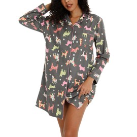 ENJOYNIGHT Women's Flannel Nightdress Long Sleeve Nightshirt Button Down Nightgown Soft Sleepwear Loungewear S-XXL (X-Large,Grey Dog)