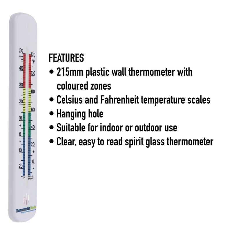 Wall Thermometer 215mm - Colour Coded Room Thermometer - Made