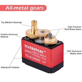 Wishiot 20kg Digital Servo Motor Waterproof High Torque Full Metal Gear RC Servo for 1/8 1/10 RC Car Model DIY, TD-8120 (20KG 180°)
