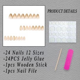 ROFIBUT Gold French Tip Press on Nails Medium Almond Fake Nails with 3D Gold Irregularity Chrome Design Glossy Nude Full Cover Stick on Nails Reusable Glue on Nails for Women 24Pcs