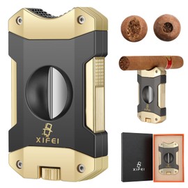 XIFEI Cigar Cutter V-Cut,3 in 1 V Cutter with Cigar Punch Cigar Stand Sharpest 440 Stainless Steel Cut Blade Ergonomic Design Secure-Lock 55 Ring Gauge Portable Cigar Clipper with Gift Box (Grey Gold)