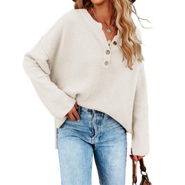 Saodimallsu Women's Oversized Sweaters Batwing Long Sleeve Loose V Neck Button Henley Tops Pullover Knit Jumper White