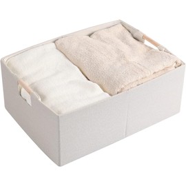 Fabric Storage Bin 3 Pack Foldable Cotton Linen Storage Basket with Wooden Handles Rectangular Cube Box - Beige, Large