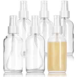 JUVITUS 4 oz / 120 ml Clear Glass Boston Round Bottle with White Treatment Pump BPA Free Refillable Empty Storage Containers (6 Pack)