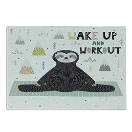 Ambesonne Funny Sloth Cutting Board, Wake up and Work out Lettering Morning Yoga Challenge Print, Decorative Tempered Glass Cutting and Serving Board, Small Size, Charcoal Grey Multicolor