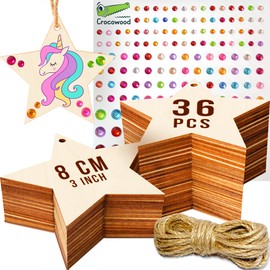 36 PCs Blank Wooden Stars Large - 8cm Wood Stars for Crafts, Painting & Decor - Unfinished Wooden Stars with Holes & Rhinestones as Wooden Christmas Star - Wood Star Ornament Wooden Hanging Star