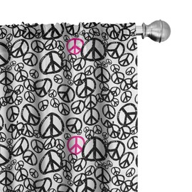 Lunarable Groovy Window Curtains, Grunge Looking Peace Signs Popular Sixties in Pink and Black, Lightweight Decor 2-Panel Set with Rod Pocket, Pair of - 28" x 63", Pink White