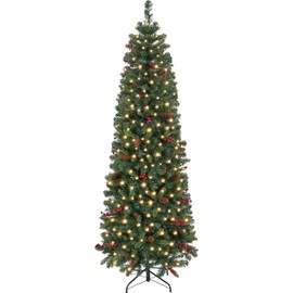 Yaheetech 7.5ft Pre-lit Pencil Spruce Christmas Tree, Artificial Slim Xmas Fir, Pre-Decorated for Home, Office, Party, Holiday Decor W/ 948 Tips, 350 Lights, Pine Cones, Metal Hinges & Base, Green