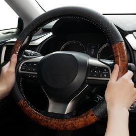 Xukey 15"/ 38CM Wood Grain Universal Car Steering Wheel Cover Black Leather Anti-slip