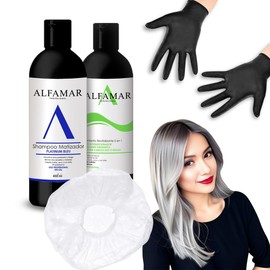 Kit Shampoo Matizador Platinum bleu + Tratamiento Keratina 2 en 1 Sin Sal uso profesional, Neutraliza Tonos Amarillos y Repara Cabello Decolorado + Gorro de Baño y Guantes ALFAMAR