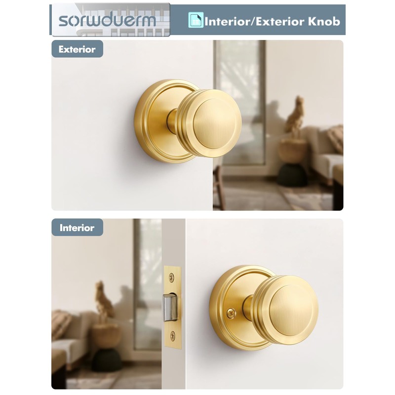 SORWDUERM 2 Pack Gold Door Knob Passage Door Knobs Brushed