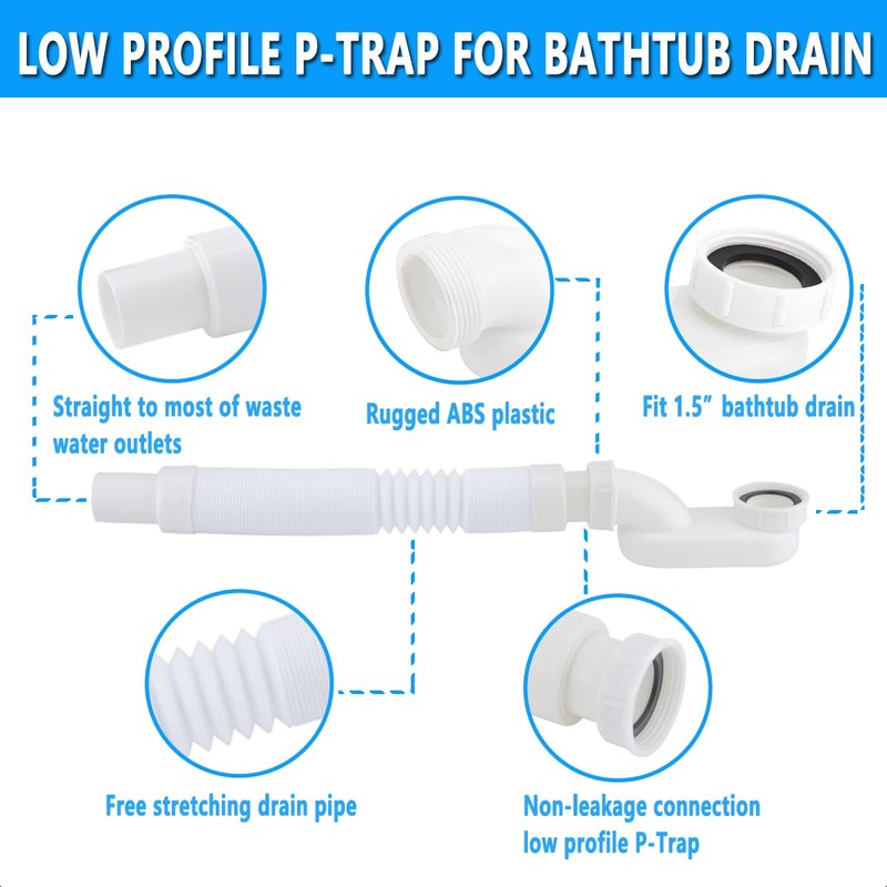 Cinsda Bathtub Shower Drain Pipe, Low Profile Flat 1 1/2