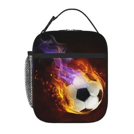 YIJIUWKIS Boys Insulated Lunch Box with Fire Soccer Pattern Print, Sports-themed Lunch Bags with Water Bottle Holder for Adults Kids Teens, Reusable Portable Tote Meal Bags Gifts for Son Daughter