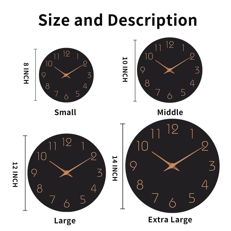 Mosewa Wall Clock 14 Inch Black Battery Operated Silent Non