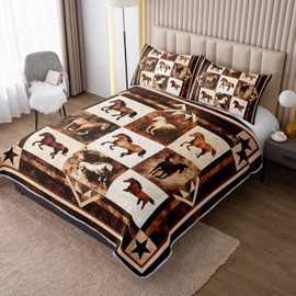 XYNHML Western Brown Galloping Horse Quilt Bedding Queen 3Pcs Rustic Farmhouse Horse Bed Set Wild Animal Retro Grid Pattern Bedspread Coverlet with 2 Pillowcases for Kid Boy Girl Teen Adult Room Decor