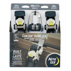 Nite Ize CamJam HookLock Ratchet Strap System - Adjustable, Heavy-Duty Tie Down Straps - Cargo Attachment with Spring-Actuated Hooks - Includes Ratchets, Hooks, Webbing & Storage - Small (2 Pack)