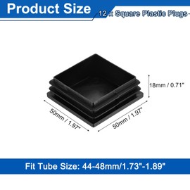 sourcing map 12Pcs Square Plastic Plugs, 50 x 50mm/1.97 x 1.97inch PE Pipe Tubing End Caps for 44-48mm/1.73-1.89inch Square Tube Furniture Chair Leg, Black