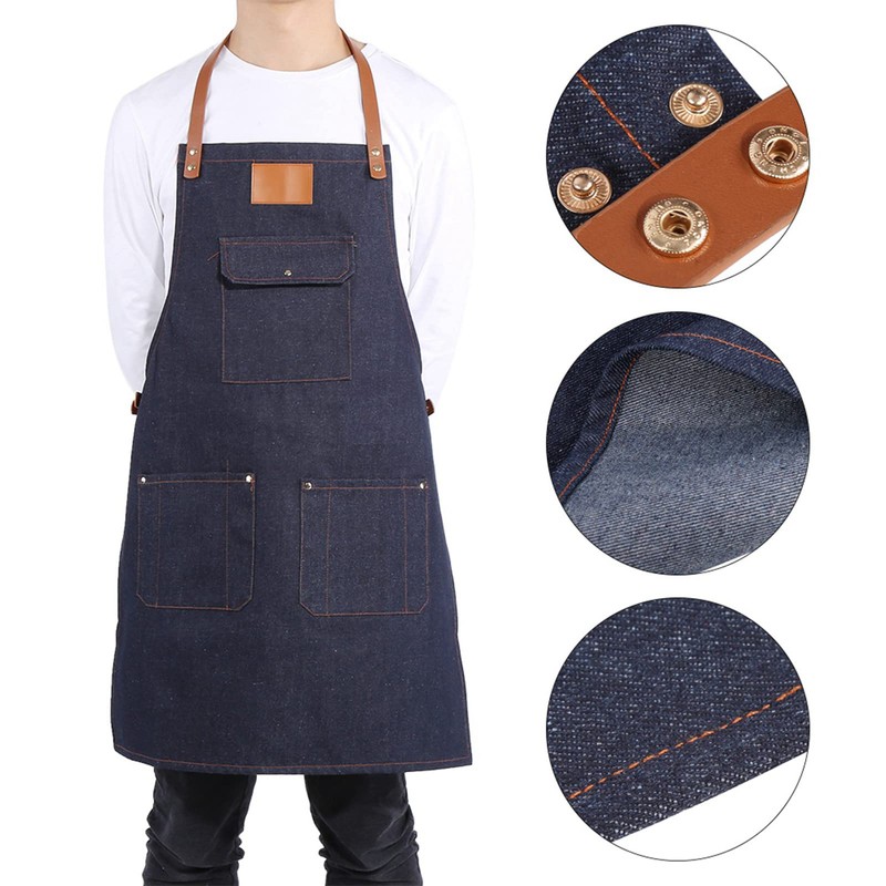 Syrisora ​​Denim Bib Apron with Leather Strap for Baker, Bartender
