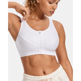 SYROKAN Women's Zip Front High Impact Wireless Racerback High Support Zipper in Front Sports Bra White 42DD
