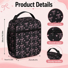Nevicor Insulated Lunch Bag for Women, Portable Thermal Girls Lunch Bag with Sturdy Handle, Cute Lunch Box with Black Bow Design, Leakproof Packed Lunch Box for Work School and Picnics